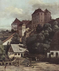 Ansicht von Pirna, Pirna von der Südseite aus gesehen, mit Befestigungsanlagen und Obertor (Stadttor) sowie Festung Sonnenstein